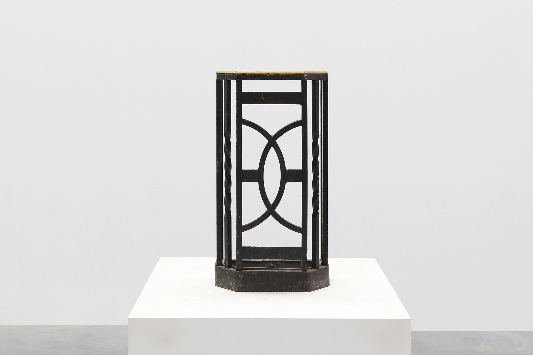 Art Deco metal umbrella stand with geometric openwork and brass rim, Belgium, 1920sthumbnail